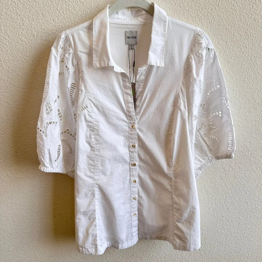 Nic+Zoe Eyelet Embroidered Puff Sleeve Cotton/Span Button Down Blouse - 1X - Picture 5 of 8